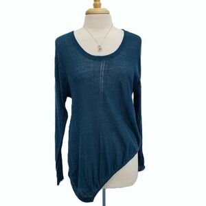 Womens L Teal Blue Lightweight Knit Top Asymmetrical Hem Long Sleeve Modern